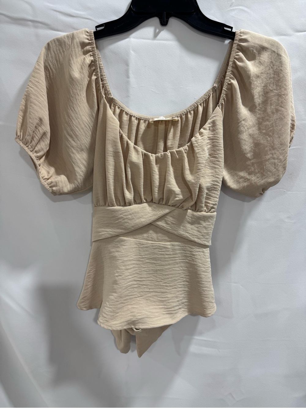 Altar'd State Cream Ruched Round Neck Puff Sleeve Top